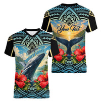 Personalized Masefau American Samoa Whale Women V-Neck T-Shirt Polynesian Tribal Pattern Tropical Hibiscus