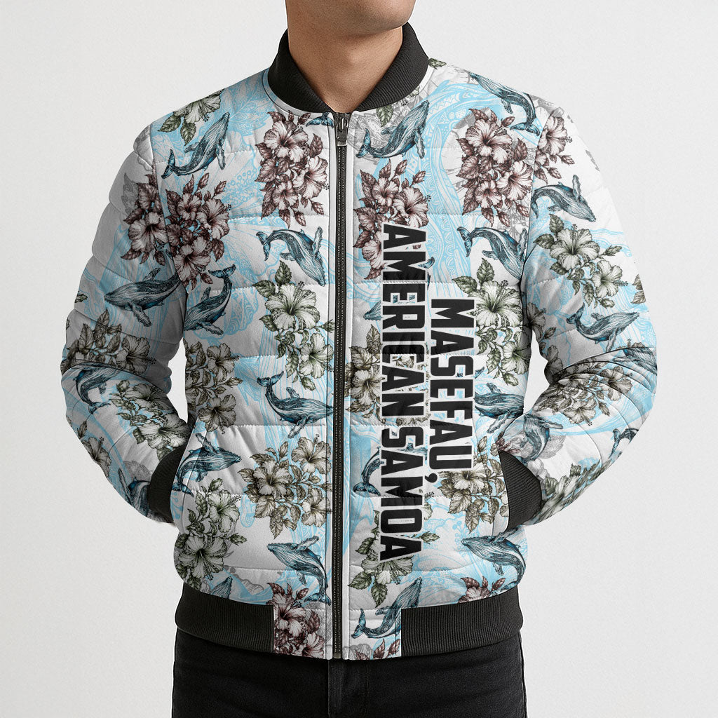 Personalized Masefau American Samoa Bomber Puffer Jacket Vintage Whale Hibiscus Ocean Waves
