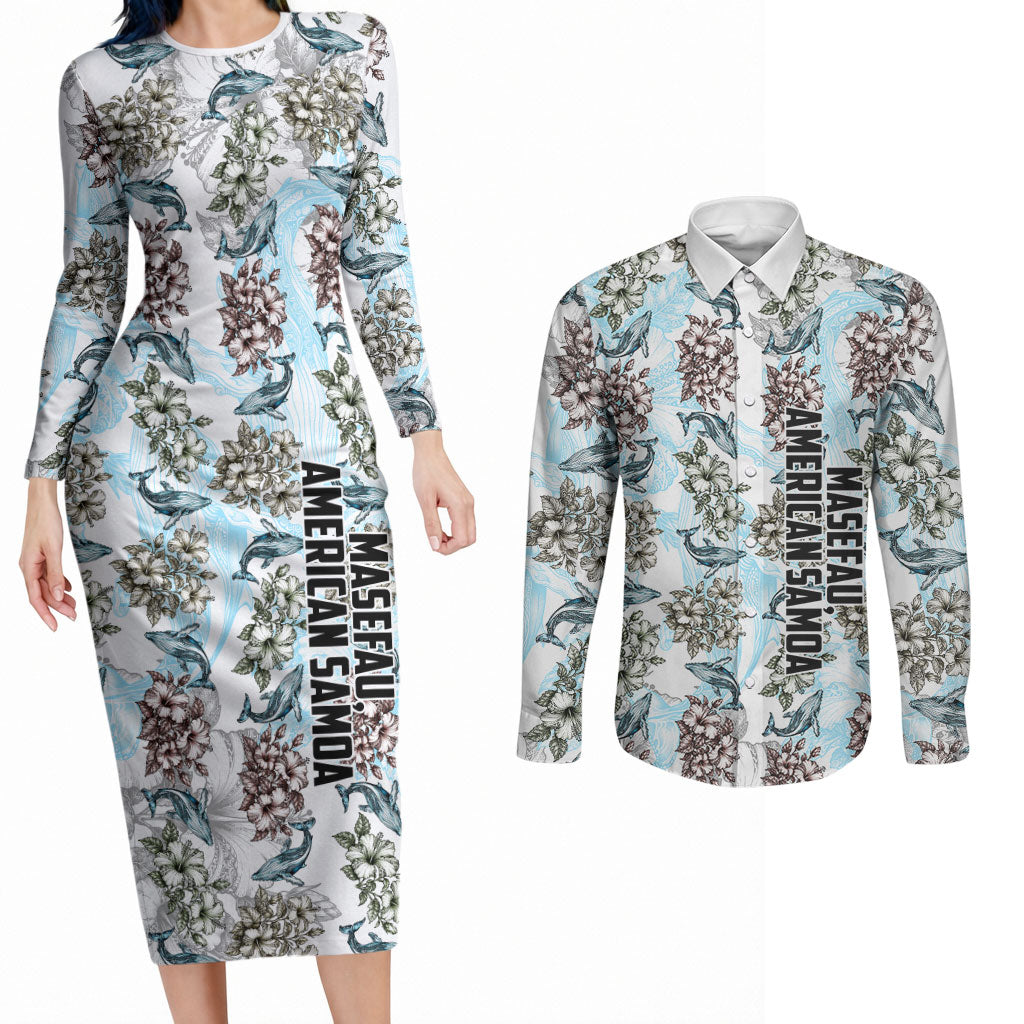 Personalized Masefau American Samoa Couples Matching Long Sleeve Bodycon Dress and Long Sleeve Button Shirt Vintage Whale Hibiscus Ocean Waves