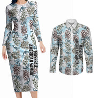 Personalized Masefau American Samoa Couples Matching Long Sleeve Bodycon Dress and Long Sleeve Button Shirt Vintage Whale Hibiscus Ocean Waves
