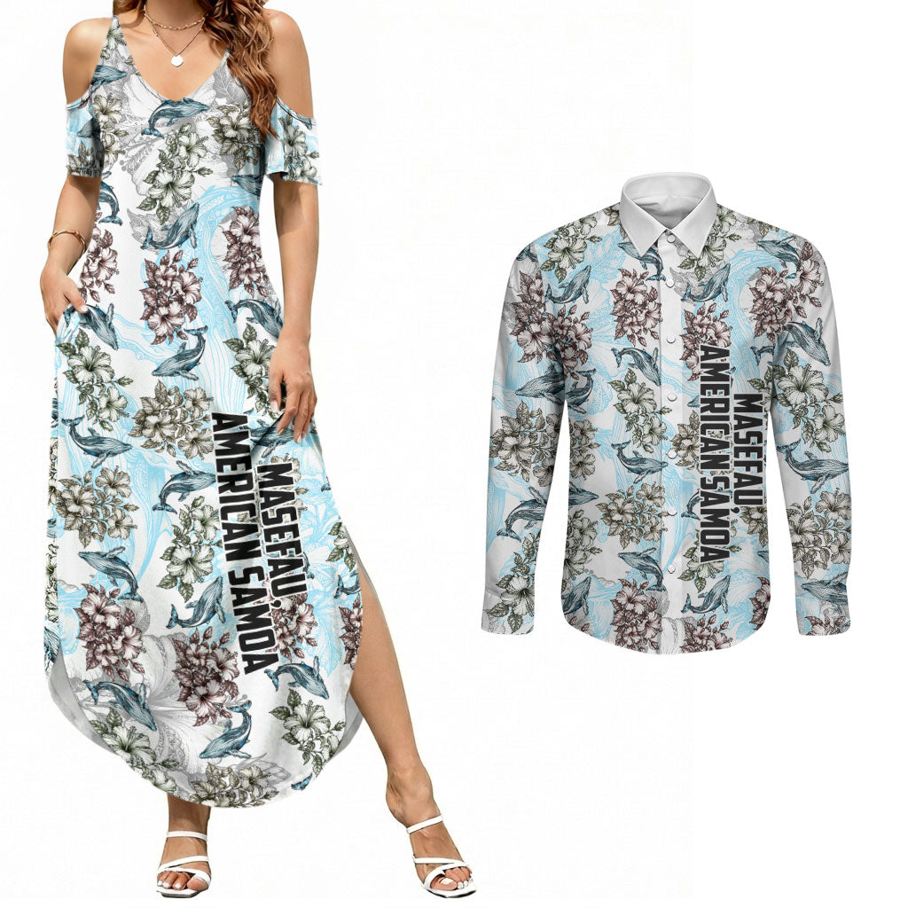 Personalized Masefau American Samoa Couples Matching Summer Maxi Dress and Long Sleeve Button Shirt Vintage Whale Hibiscus Ocean Waves