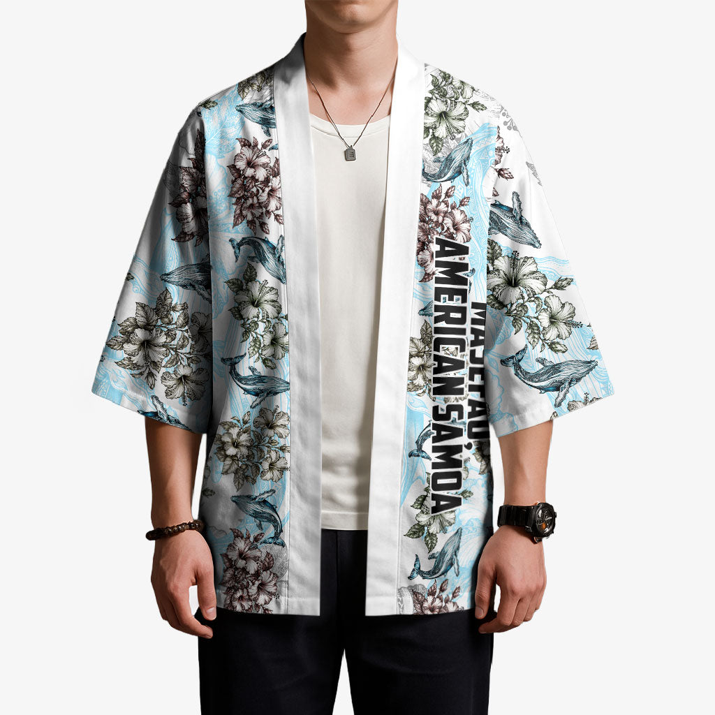 Personalized Masefau American Samoa Kimono Vintage Whale Hibiscus Ocean Waves