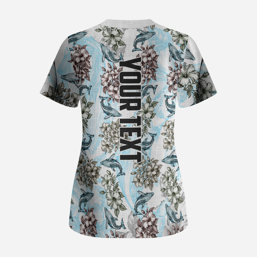 Personalized Masefau American Samoa Scrub Top Vintage Whale Hibiscus Ocean Waves