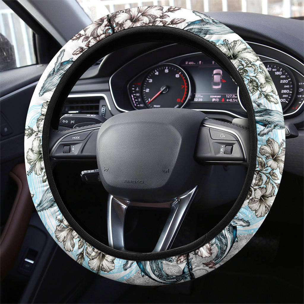 Masefau American Samoa Steering Wheel Cover Vintage Whale Hibiscus Ocean Waves