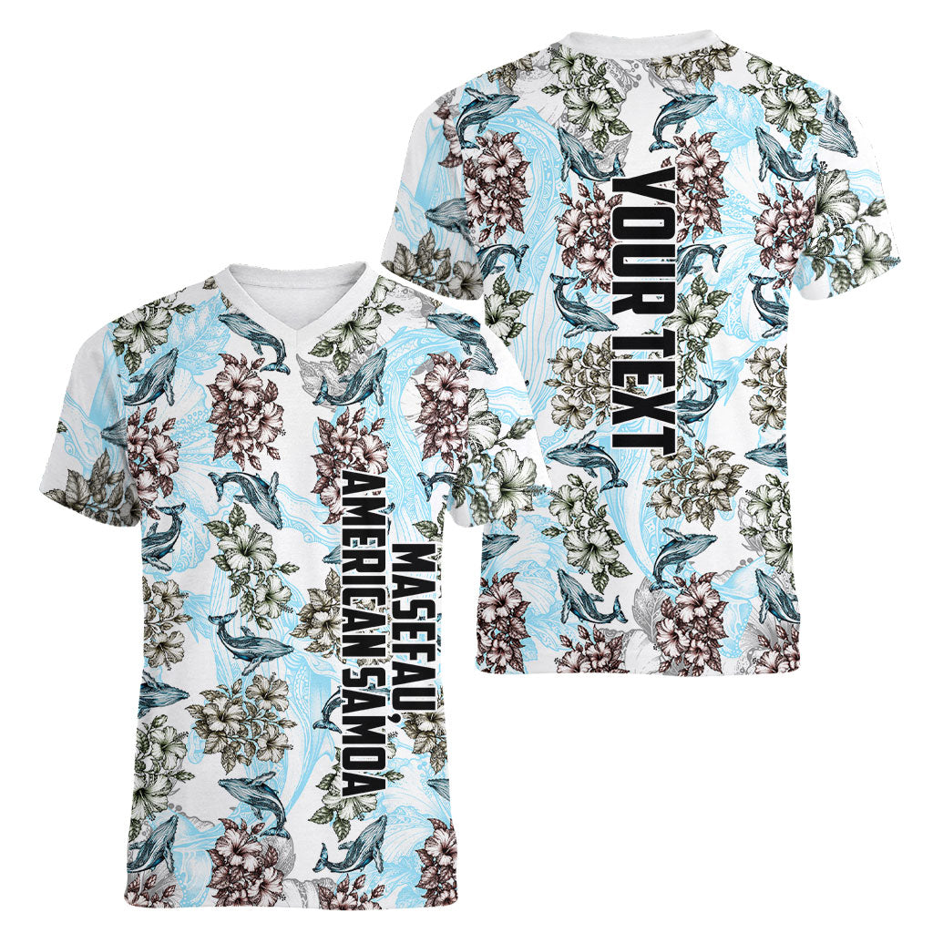 Personalized Masefau American Samoa Women V-Neck T-Shirt Vintage Whale Hibiscus Ocean Waves