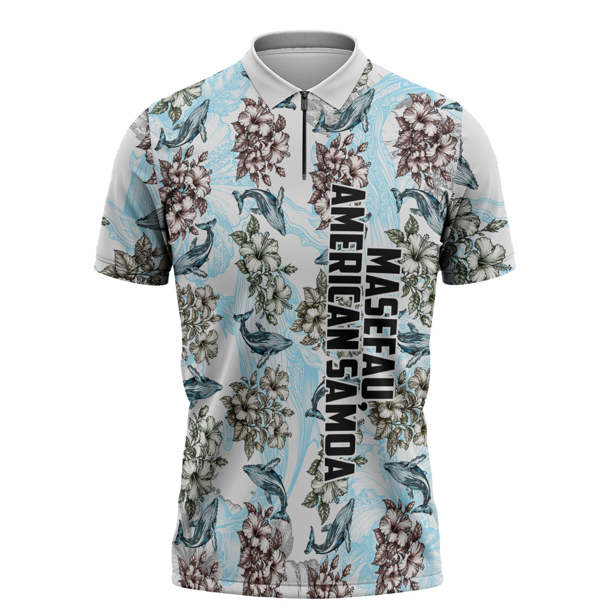 Personalized Masefau American Samoa Zipper Polo Shirt Vintage Whale Hibiscus Ocean Waves