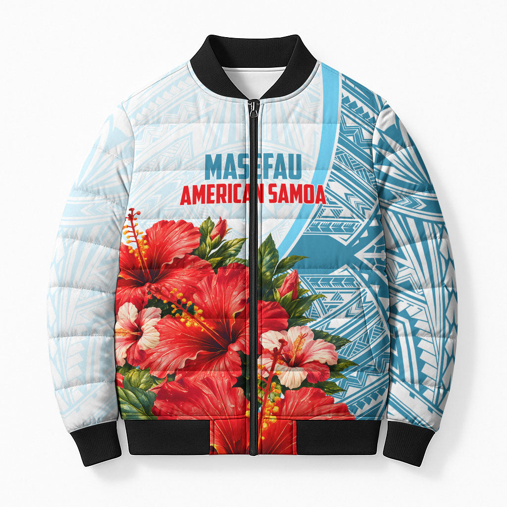 Personalized American Samoa Masefau Bomber Puffer Jacket Hibiscus Tropical Floral Whale Polynesian Tribal Pattern