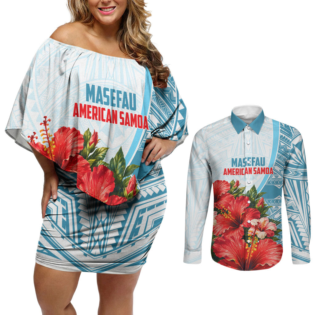 Personalized American Samoa Masefau Couples Matching Off Shoulder Short Dress and Long Sleeve Button Shirt Hibiscus Tropical Floral Whale Polynesian Tribal Pattern