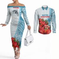 Personalized American Samoa Masefau Couples Matching Off The Shoulder Long Sleeve Dress and Long Sleeve Button Shirt Hibiscus Tropical Floral Whale Polynesian Tribal Pattern