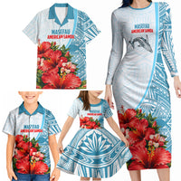 Personalized American Samoa Masefau Family Matching Long Sleeve Bodycon Dress and Hawaiian Shirt Hibiscus Tropical Floral Whale Polynesian Tribal Pattern