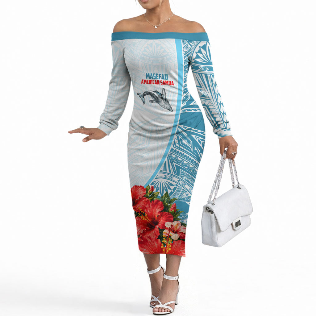 Personalized American Samoa Masefau Off The Shoulder Long Sleeve Dress Hibiscus Tropical Floral Whale Polynesian Tribal Pattern