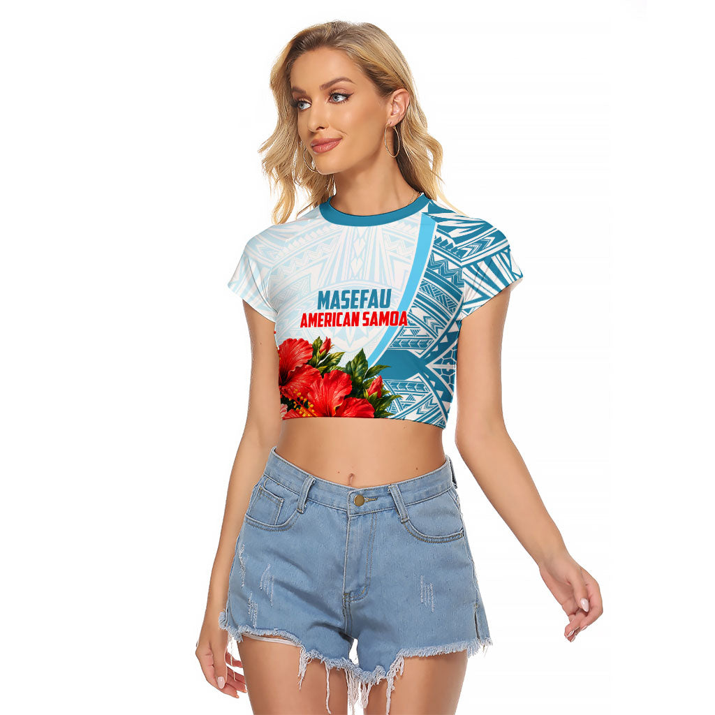 Personalized American Samoa Masefau Raglan Cropped T Shirt Hibiscus Tropical Floral Whale Polynesian Tribal Pattern