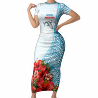 Personalized American Samoa Masefau Short Sleeve Bodycon Dress Hibiscus Tropical Floral Whale Polynesian Tribal Pattern