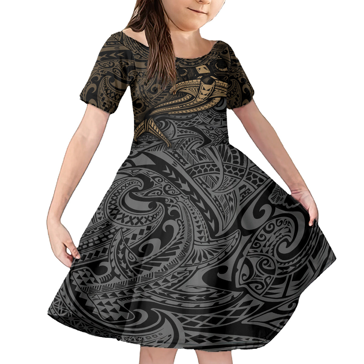 Polynesian Kid Short Sleeve Dress Hammerhead Shark Tribal Pattern TS04 KID Black/Yellow - Polynesian Pride