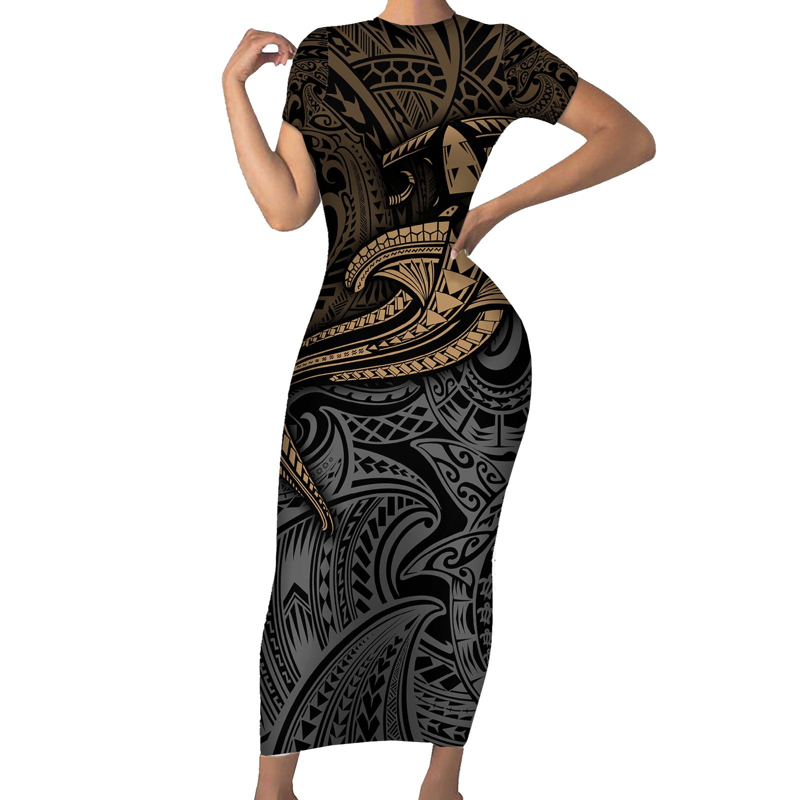 Polynesian Short Sleeve Bodycon Dress Hammerhead Shark Tribal Pattern TS04 Long Dress Black Yellow - Polynesian Pride