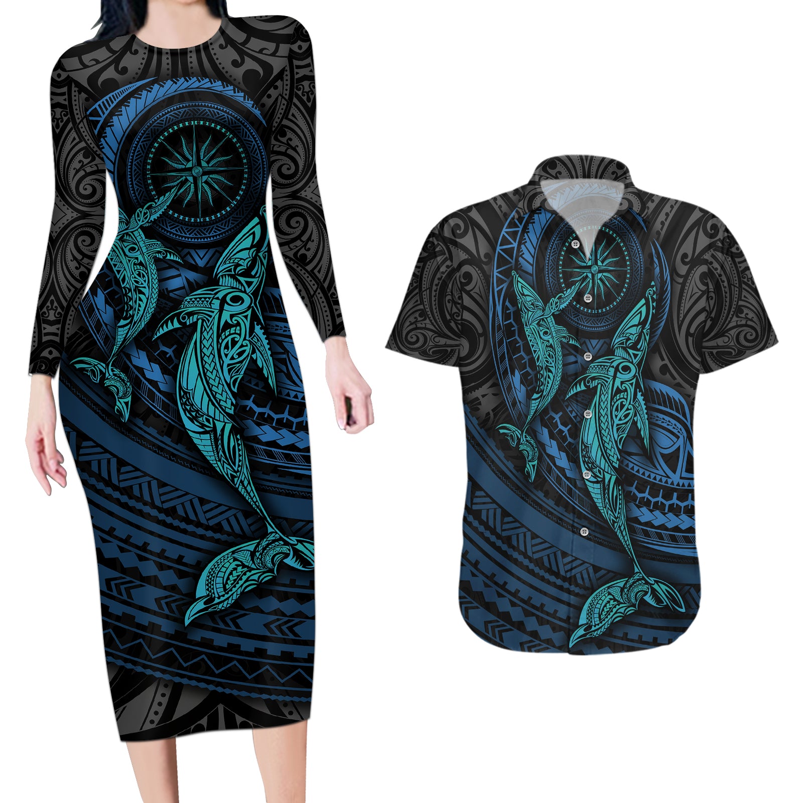 Polynesian Whale Couples Matching Long Sleeve Bodycon Dress and Hawaiian Shirt TS04 Black Cyan - Polynesian Pride