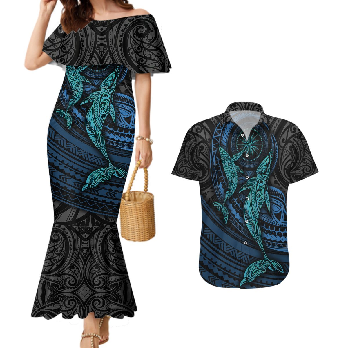 Polynesian Whale Couples Matching Mermaid Dress and Hawaiian Shirt TS04 Black Cyan - Polynesian Pride