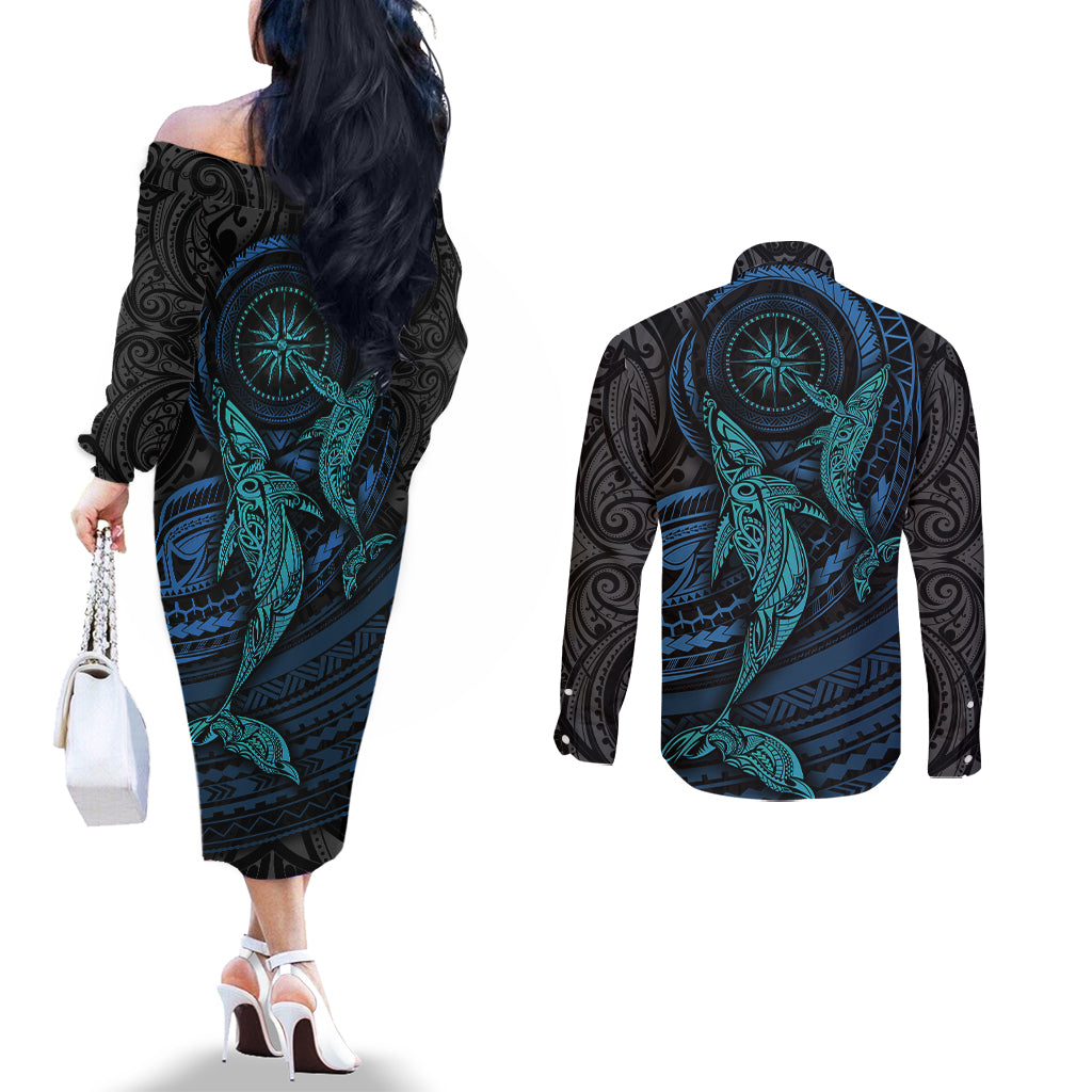 Polynesian Whale Couples Matching Off The Shoulder Long Sleeve Dress and Long Sleeve Button Shirts TS04 - Polynesian Pride