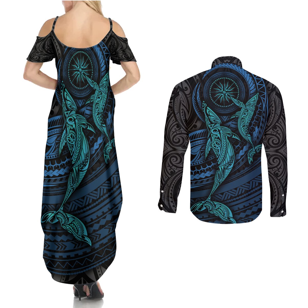 Polynesian Whale Couples Matching Summer Maxi Dress and Long Sleeve Button Shirts TS04 - Polynesian Pride