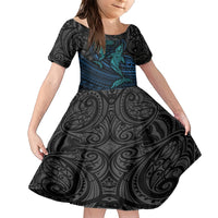 Polynesian Whale Family Matching Short Sleeve Bodycon Dress and Hawaiian Shirt TS04 Daughter's Dress Black/Cyan - Polynesian Pride