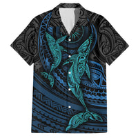 Polynesian Whale Family Matching Summer Maxi Dress and Hawaiian Shirt TS04 Dad's Shirt - Short Sleeve Black/Cyan - Polynesian Pride