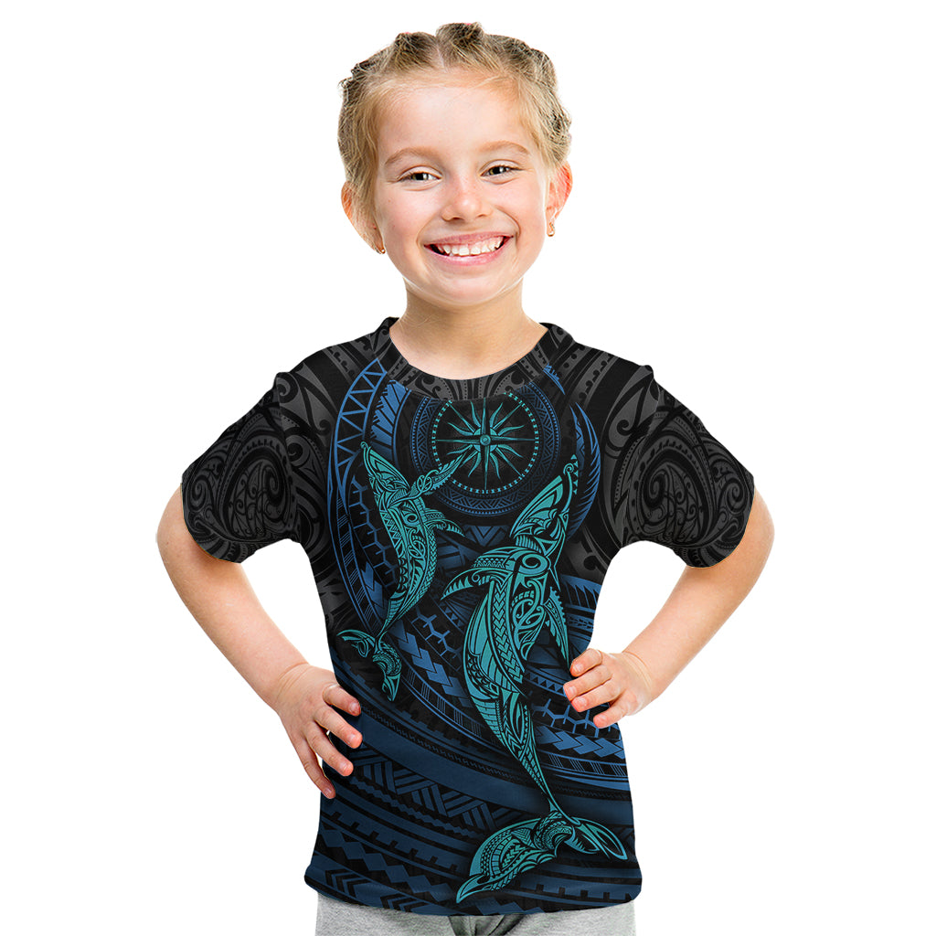 Polynesian Whale Kid T Shirt TS04 Black Cyan - Polynesian Pride