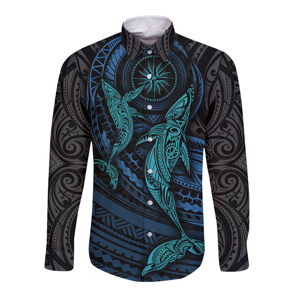 Polynesian Whale Long Sleeve Button Shirt TS04 Unisex Black Cyan - Polynesian Pride