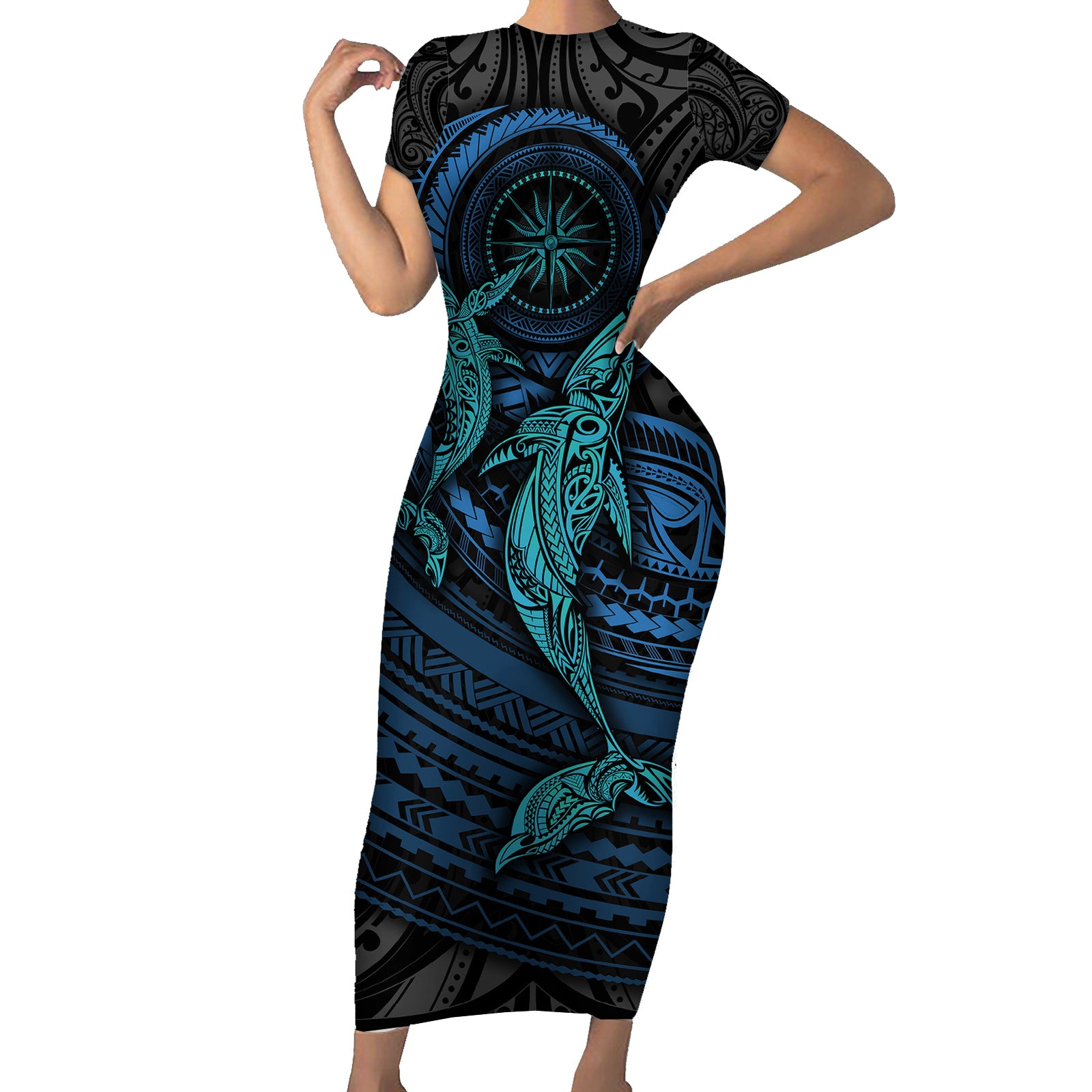 Polynesian Whale Short Sleeve Bodycon Dress TS04 Long Dress Black Cyan - Polynesian Pride