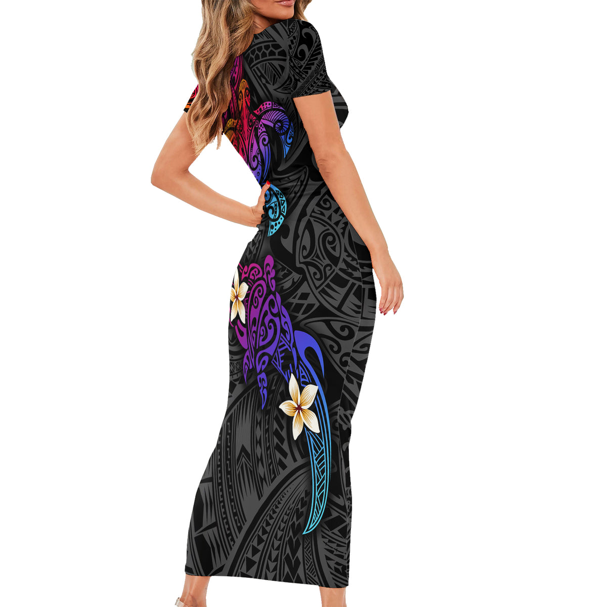 Turtle and Plumeria - Polynesian Short Sleeve Bodycon Dress TS04 - Polynesian Pride