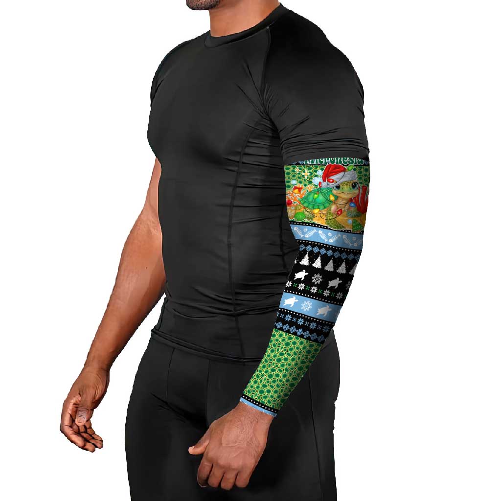 Micronesia Christmas Arm Sleeves with Santa Turtle Coral Reef and Holiday Ocean Pattern - Polynesian Pride