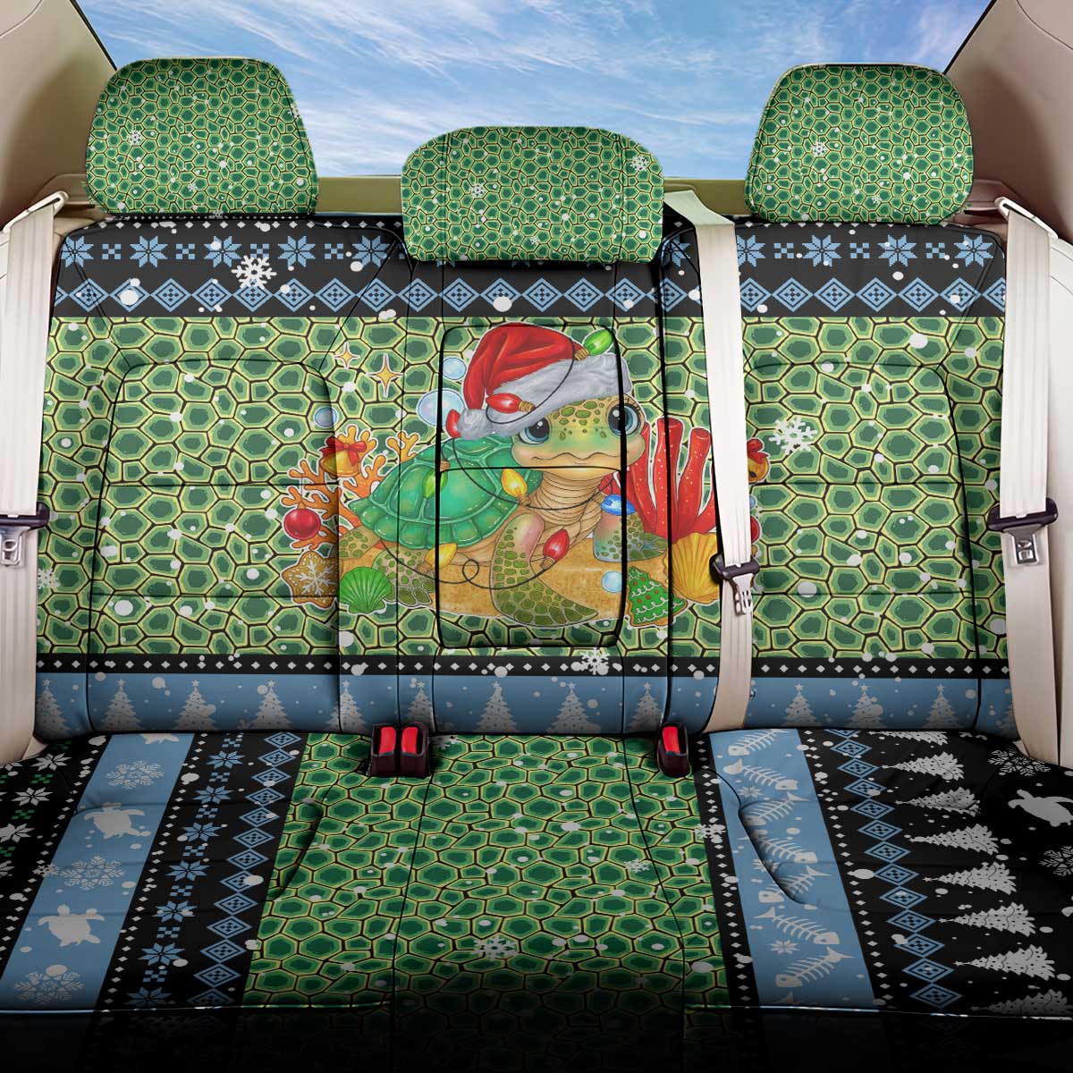 Micronesia Christmas Back Car Seat Cover with Santa Turtle Coral Reef and Holiday Ocean Pattern TS04 One Size Black Green - Polynesian Pride