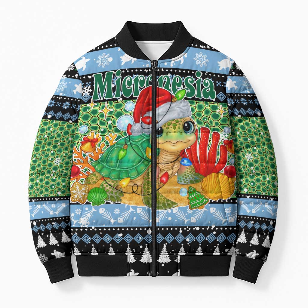 Micronesia Christmas Bomber Puffer Jacket with Santa Turtle Coral Reef and Holiday Ocean Pattern TS04 Unisex Black Green - Polynesian Pride