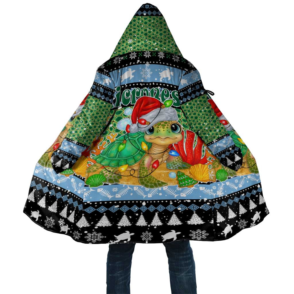 Micronesia Christmas Cloak with Santa Turtle Coral Reef and Holiday Ocean Pattern TS04 Unisex Black Green - Polynesian Pride