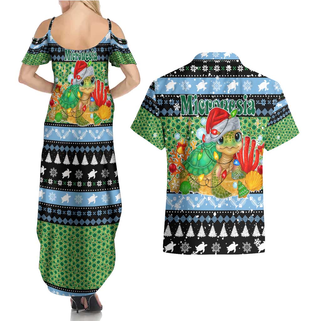 Micronesia Christmas Couples Matching Summer Maxi Dress and Hawaiian Shirt with Santa Turtle Coral Reef and Holiday Ocean Pattern - Polynesian Pride