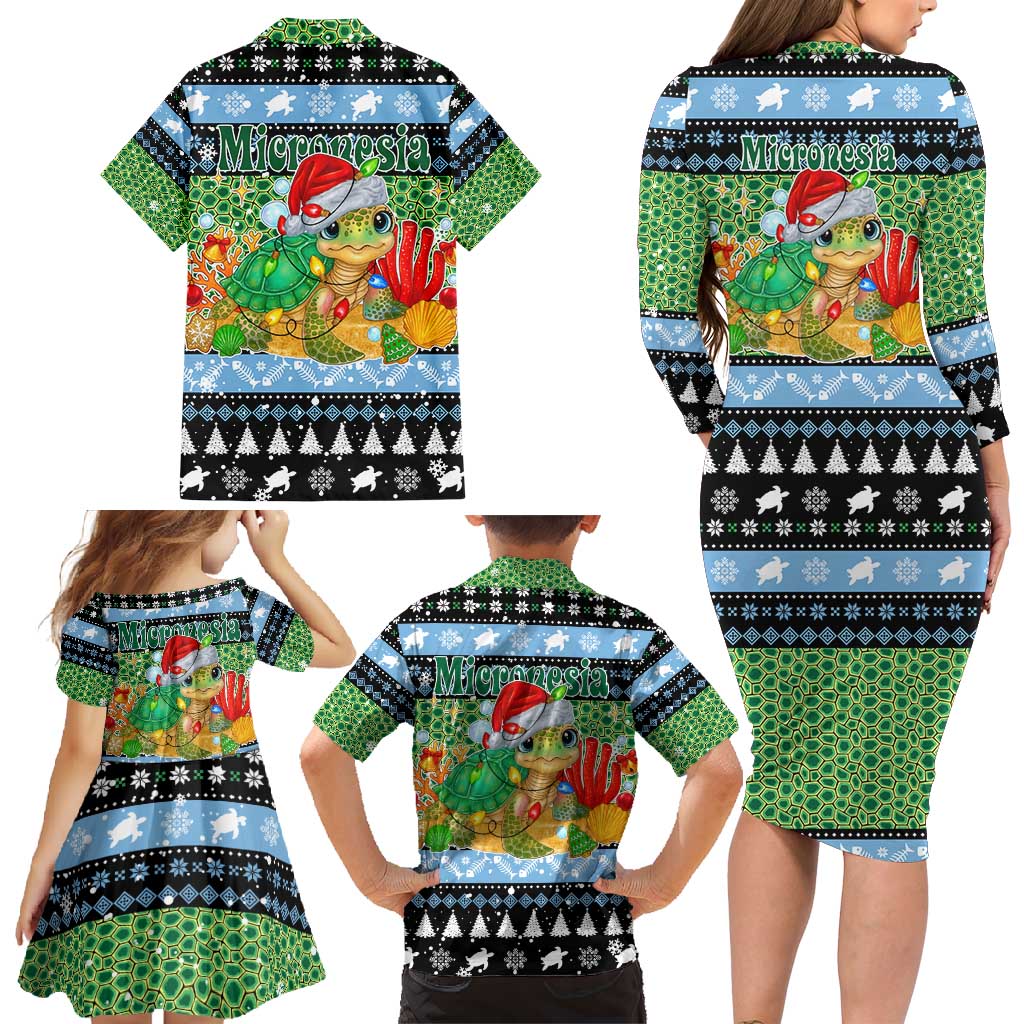 Micronesia Christmas Family Matching Long Sleeve Bodycon Dress and Hawaiian Shirt with Santa Turtle Coral Reef and Holiday Ocean Pattern TS04 - Polynesian Pride