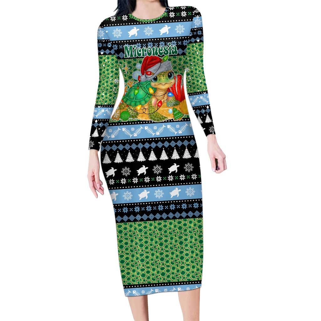 Micronesia Christmas Family Matching Long Sleeve Bodycon Dress and Hawaiian Shirt with Santa Turtle Coral Reef and Holiday Ocean Pattern TS04 Mom's Dress Black Green - Polynesian Pride