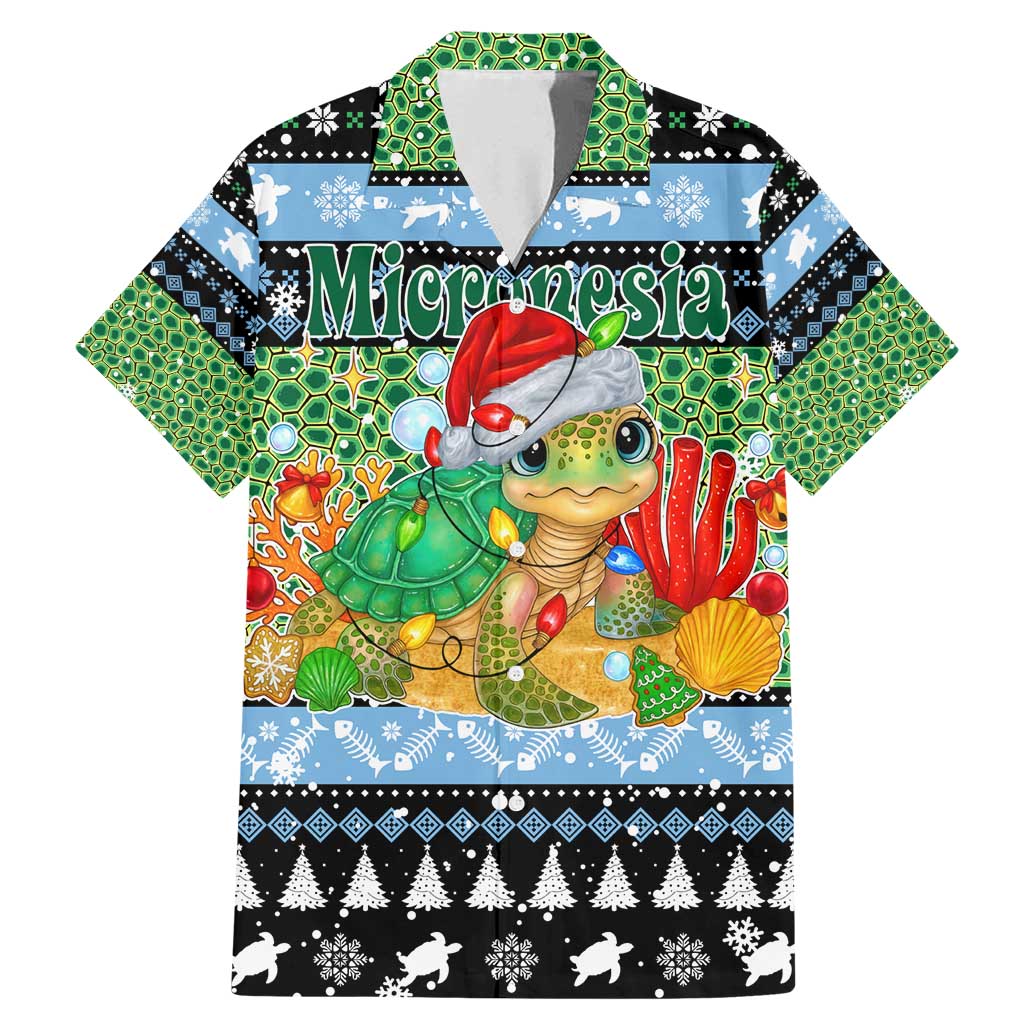 Micronesia Christmas Family Matching Mermaid Dress and Hawaiian Shirt with Santa Turtle Coral Reef and Holiday Ocean Pattern TS04 Dad's Shirt - Short Sleeve Black Green - Polynesian Pride