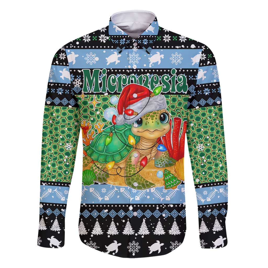 Micronesia Christmas Family Matching Mermaid Dress and Hawaiian Shirt with Santa Turtle Coral Reef and Holiday Ocean Pattern TS04 Dad's Shirt - Long Sleeve Black Green - Polynesian Pride