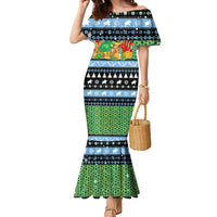 Micronesia Christmas Family Matching Mermaid Dress and Hawaiian Shirt with Santa Turtle Coral Reef and Holiday Ocean Pattern TS04 Mom's Dress Black Green - Polynesian Pride