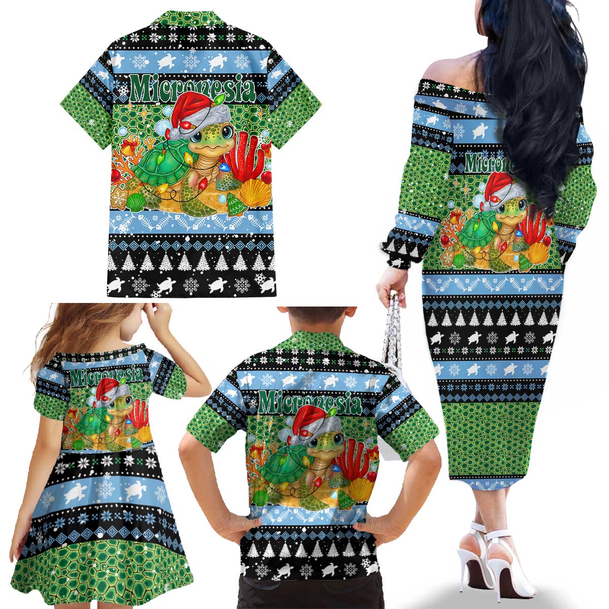 Micronesia Christmas Family Matching Off The Shoulder Long Sleeve Dress and Hawaiian Shirt with Santa Turtle Coral Reef and Holiday Ocean Pattern TS04 - Polynesian Pride