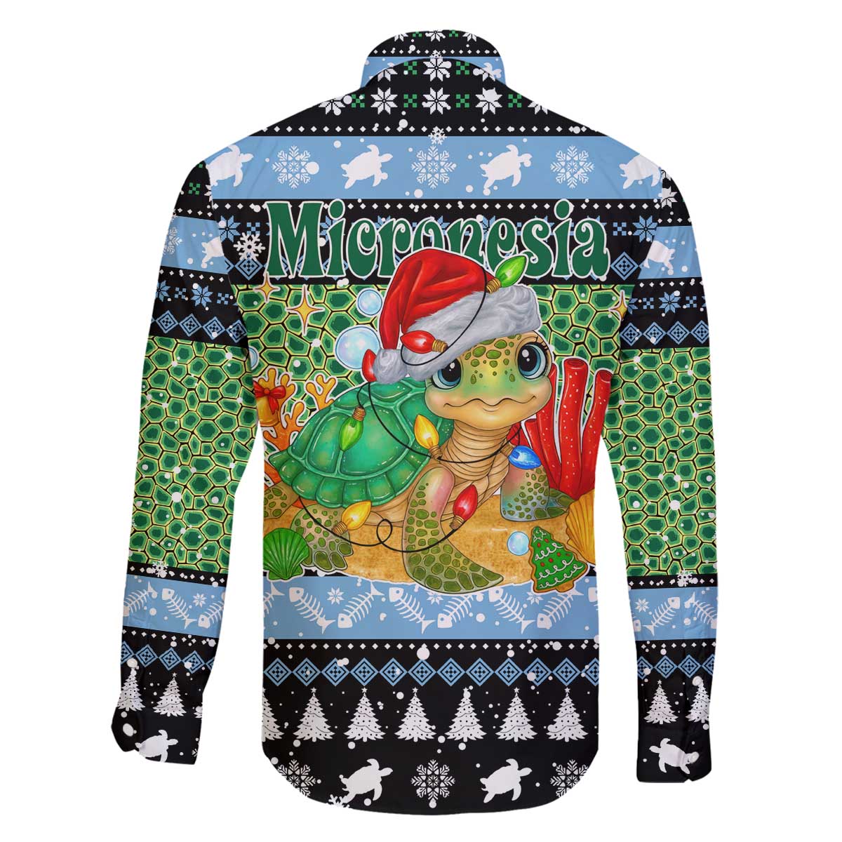 Micronesia Christmas Family Matching Off The Shoulder Long Sleeve Dress and Hawaiian Shirt with Santa Turtle Coral Reef and Holiday Ocean Pattern TS04 - Polynesian Pride