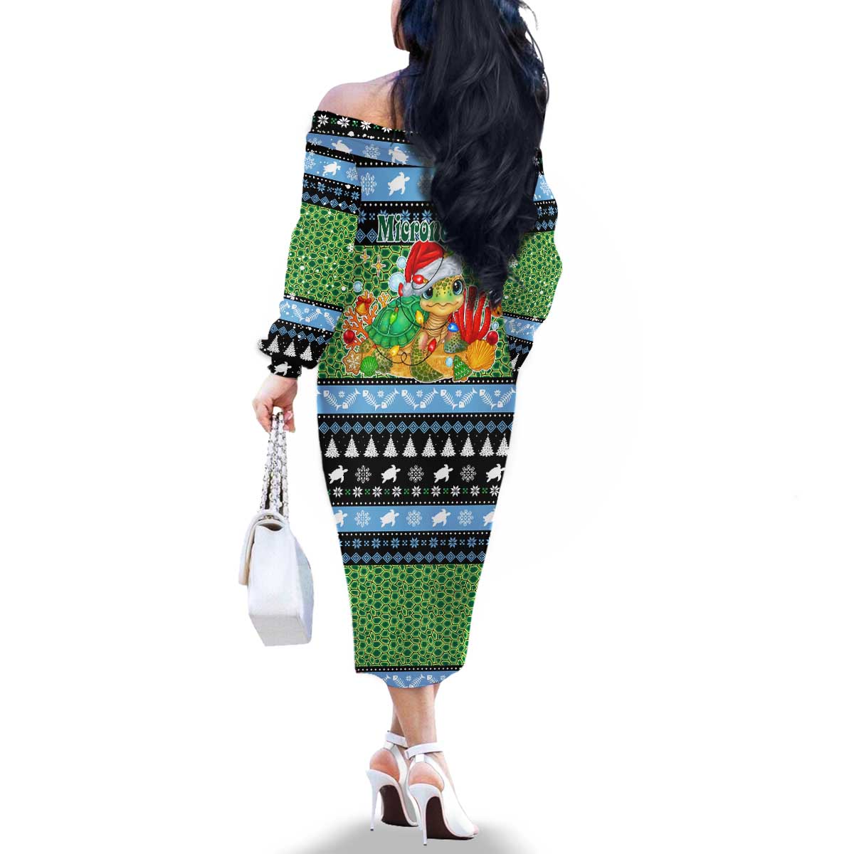 Micronesia Christmas Family Matching Off The Shoulder Long Sleeve Dress and Hawaiian Shirt with Santa Turtle Coral Reef and Holiday Ocean Pattern TS04 - Polynesian Pride