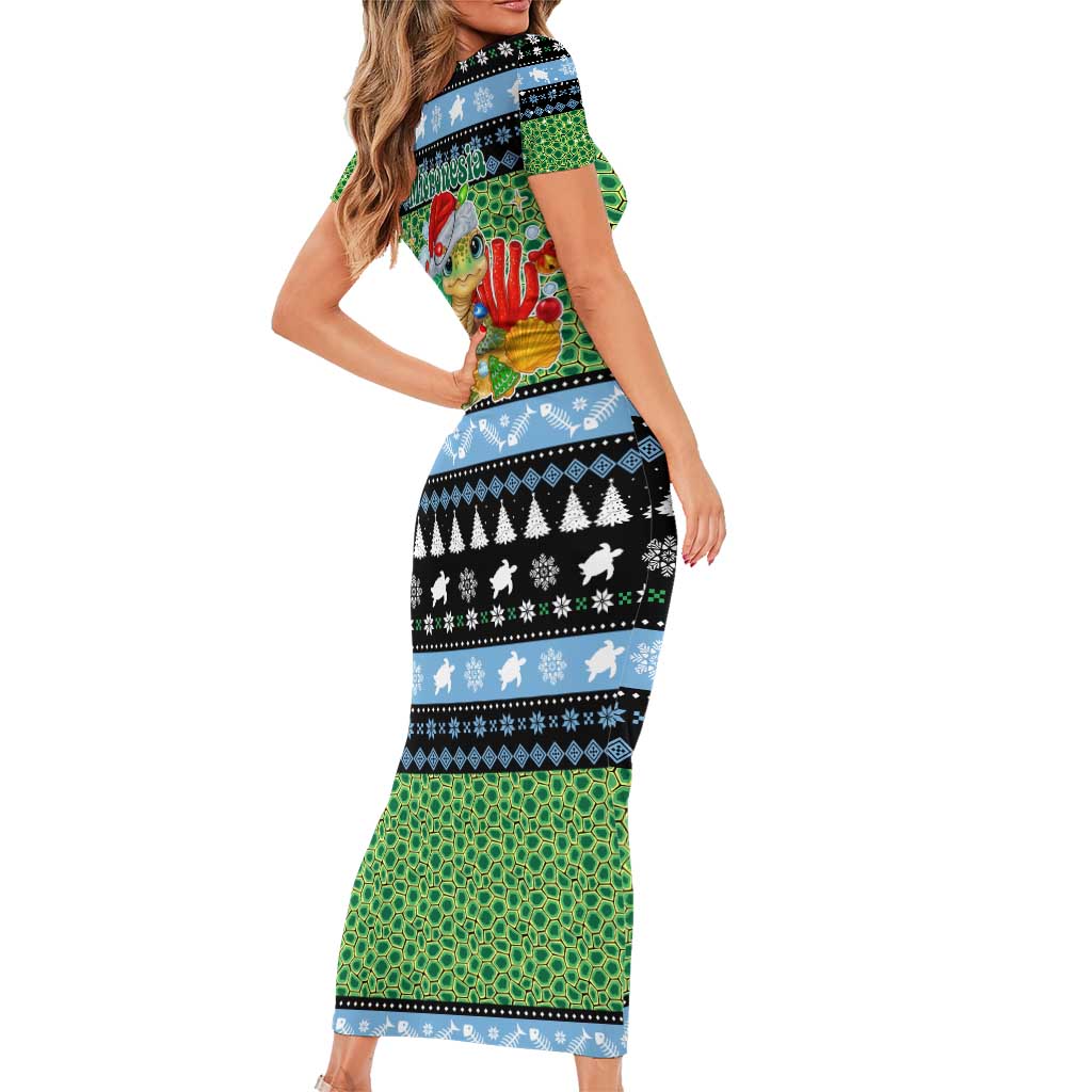 Micronesia Christmas Family Matching Short Sleeve Bodycon Dress and Hawaiian Shirt with Santa Turtle Coral Reef and Holiday Ocean Pattern TS04 - Polynesian Pride