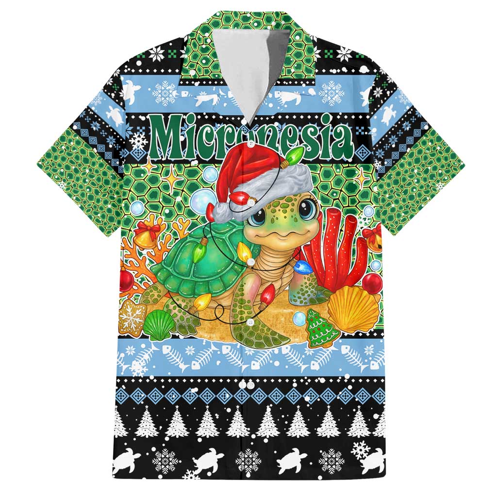 Micronesia Christmas Family Matching Tank Maxi Dress and Hawaiian Shirt with Santa Turtle Coral Reef and Holiday Ocean Pattern TS04 Dad's Shirt - Short Sleeve Black Green - Polynesian Pride