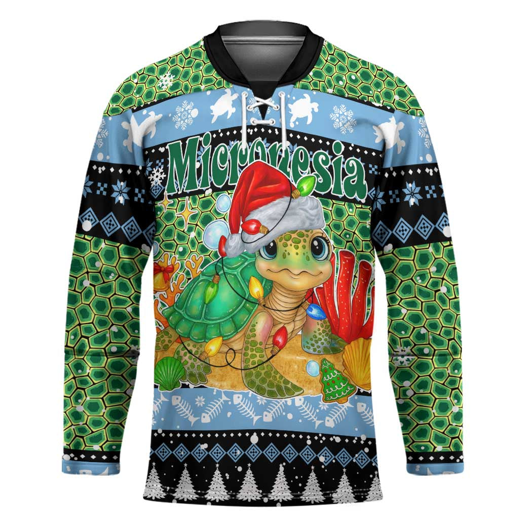Micronesia Christmas Hockey Jersey with Santa Turtle Coral Reef and Holiday Ocean Pattern - Polynesian Pride