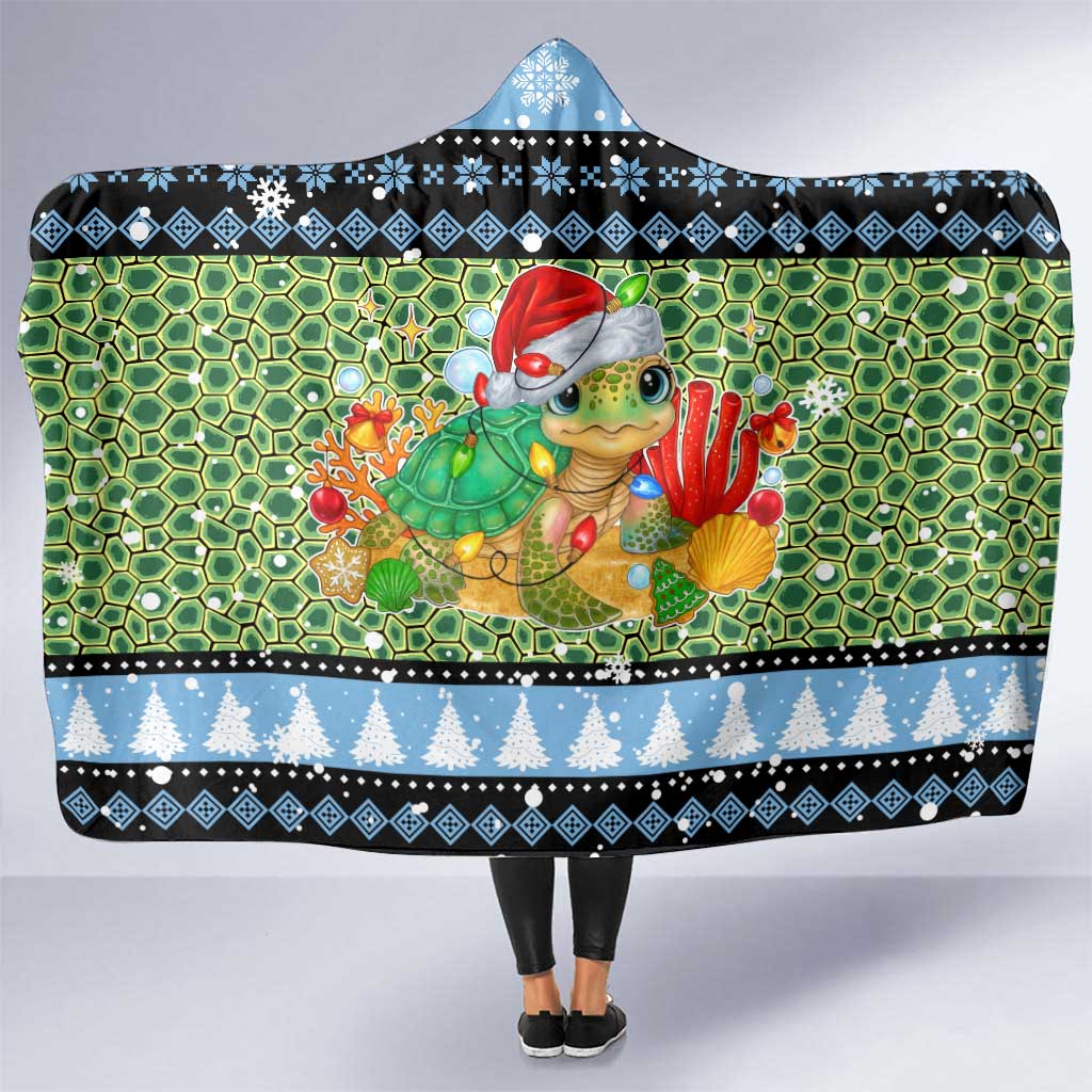 Micronesia Christmas Hooded Blanket with Santa Turtle Coral Reef and Holiday Ocean Pattern TS04 One Size Black Green - Polynesian Pride