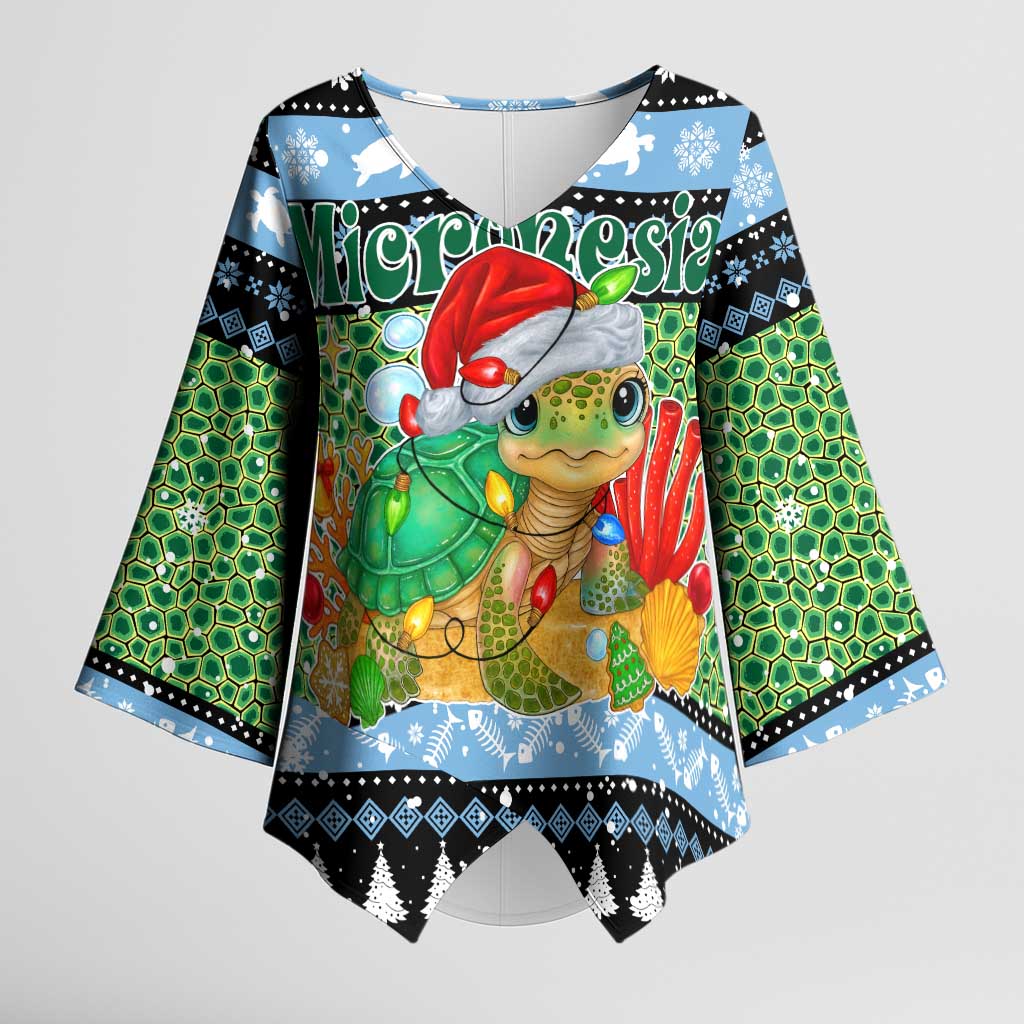 Micronesia Christmas Kimono Sleeve Blouse with Santa Turtle Coral Reef and Holiday Ocean Pattern TS04 Female Black Green - Polynesian Pride