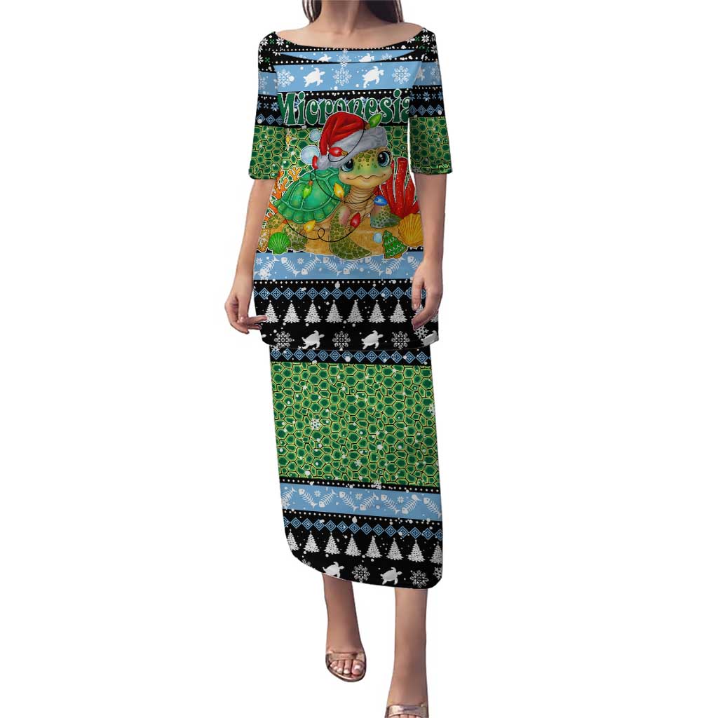 Micronesia Christmas Puletasi with Santa Turtle Coral Reef and Holiday Ocean Pattern TS04 Long Dress Black Green - Polynesian Pride