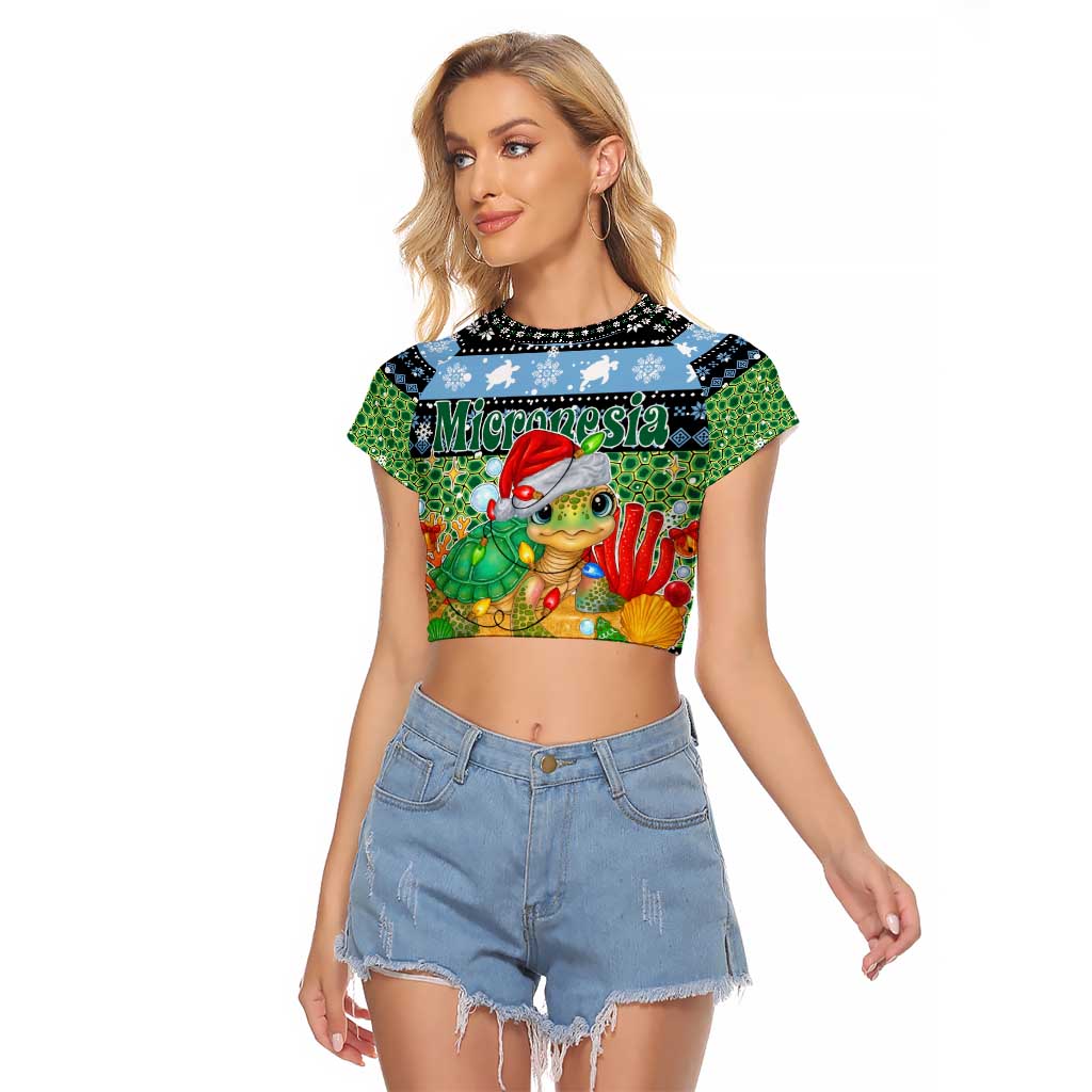 Micronesia Christmas Raglan Cropped T Shirt with Santa Turtle Coral Reef and Holiday Ocean Pattern - Polynesian Pride