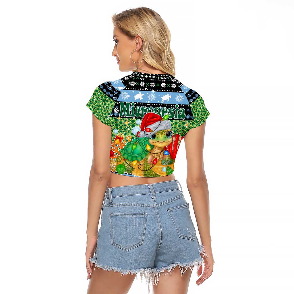 Micronesia Christmas Raglan Cropped T Shirt with Santa Turtle Coral Reef and Holiday Ocean Pattern - Polynesian Pride